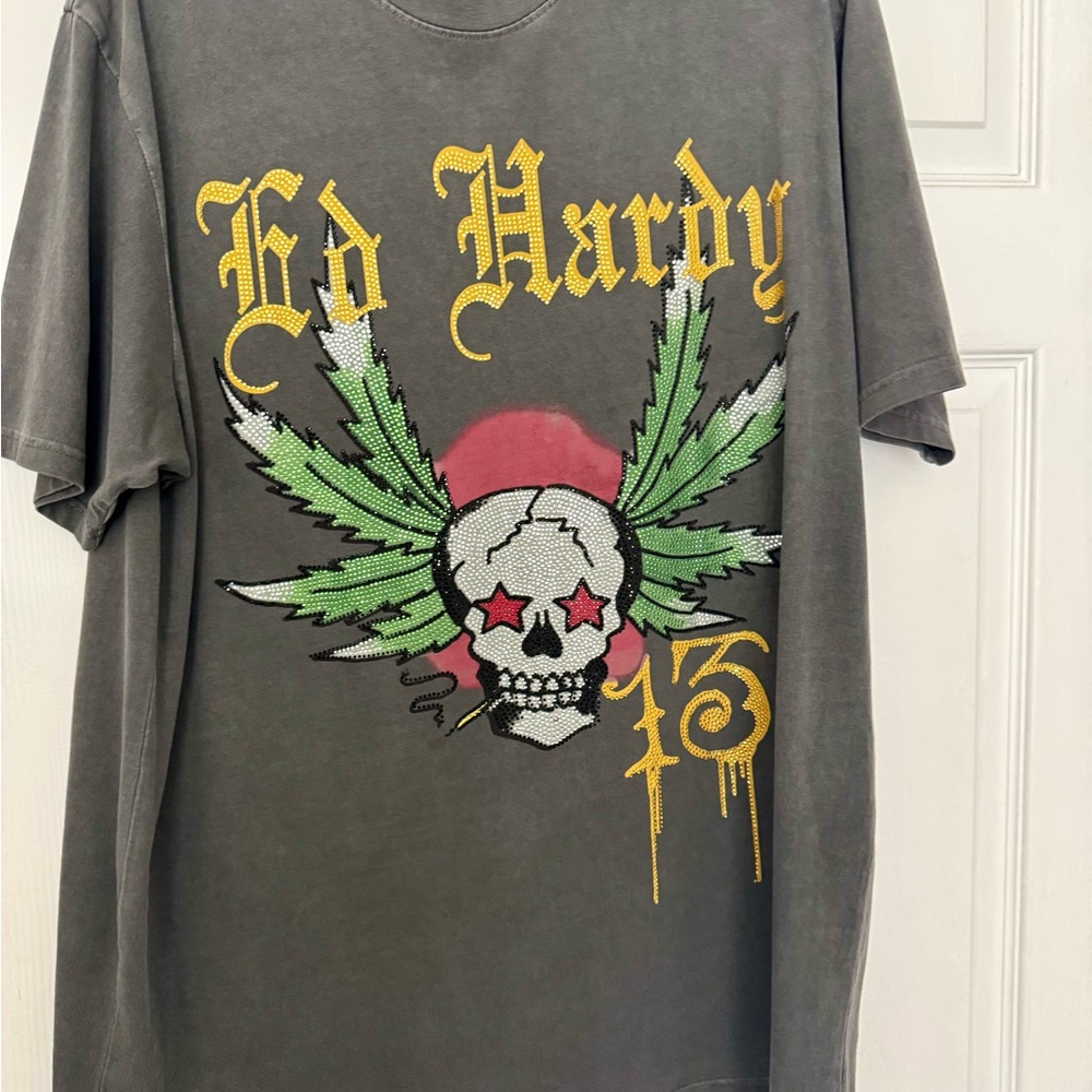 Ed Hardy UO Exclusive Charcoal rhinestones Skull design Graphic Tee
